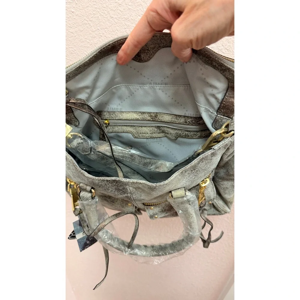 Aimee Kestenberg Women Riviera Satchel Gunmetal Leather Distressed Metallic